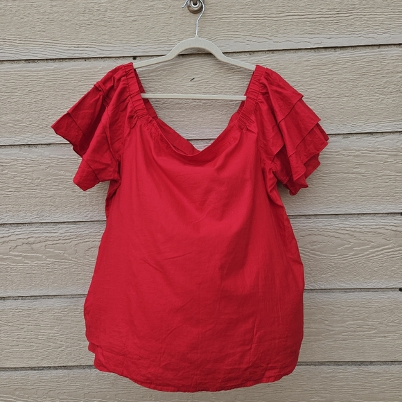 Sweet Grey red cotton off the shoulder flutter sleeve blouse XXL - Picture 1 of 4